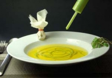 4-Instant Pea Parmesan Noodle in Saffron Consomme with Morel Dust