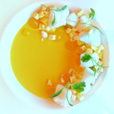 Modernist Mango Custard with Carbonated Calamansi Gel and Coconut Sorbet