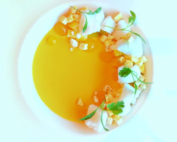 Modernist Mango Custard with Carbonated Calamansi Gel and Coconut Sorbet