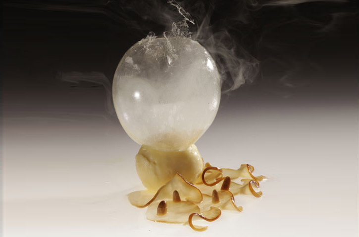 Blown Sugar Isomalt sphere, oak smoke, mushroom ice cream
