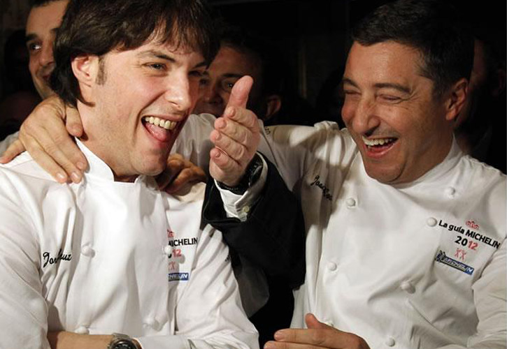Chef Joan Roca congratulating Chef Jordi Cruz for his second Michelin Star
