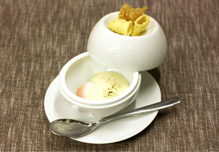 65 Degrees Egg Carbonara at Metamorfosi by Chef Roy Caceres