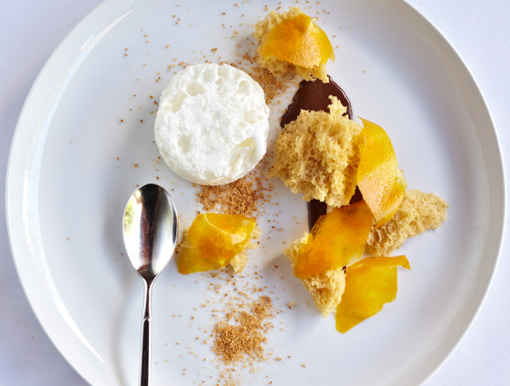 Praline Sponge Cake, Cocoa Yogurt, Cream Bubbles, Mango Petals