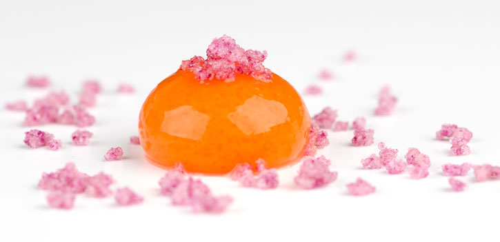 Carrot Orange Mango Liquid Sphere with Rose Crystals - Frozen Spherification