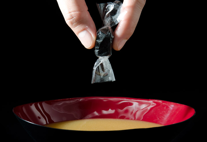 Black Garlic Caramel with Edible Wrapper - Mirin and Miso sauce